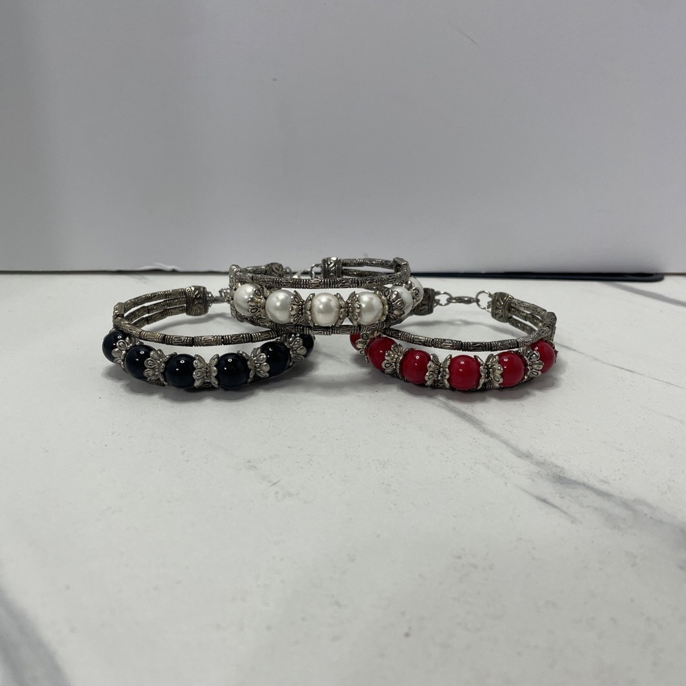 3 Etched Silver Tone Black/red/white Beaded Bracelet BOHO/western